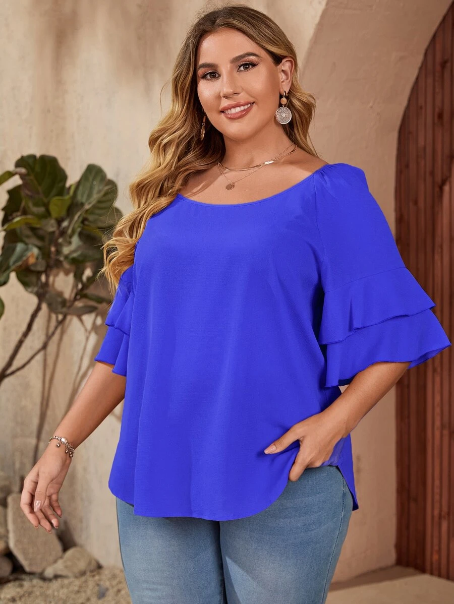SHEIN LUNE Plus Flounce Sleeve Solid Blouse - Royal Blue - View 1