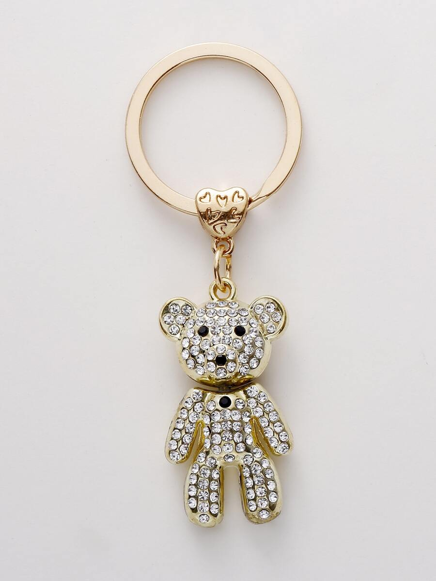 Rhinestone Cartoon Bear Pendant Keychain - Gold - View 1