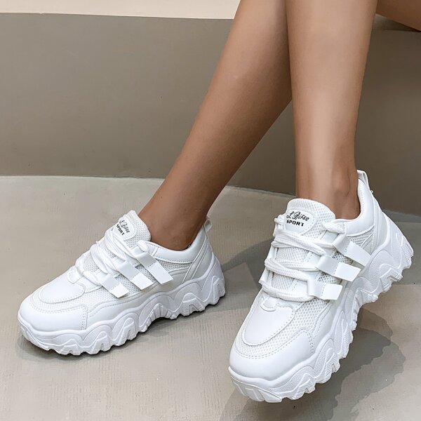 

Lace-up Front Mesh Panel Chunky Sneakers, White