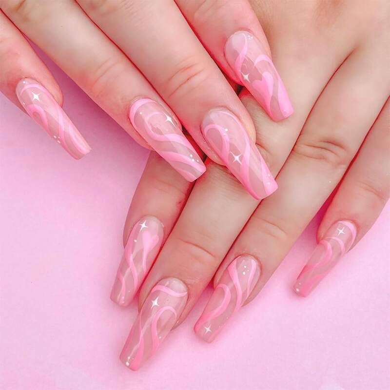 

24pcs Line Art Fake Nail, Pink
