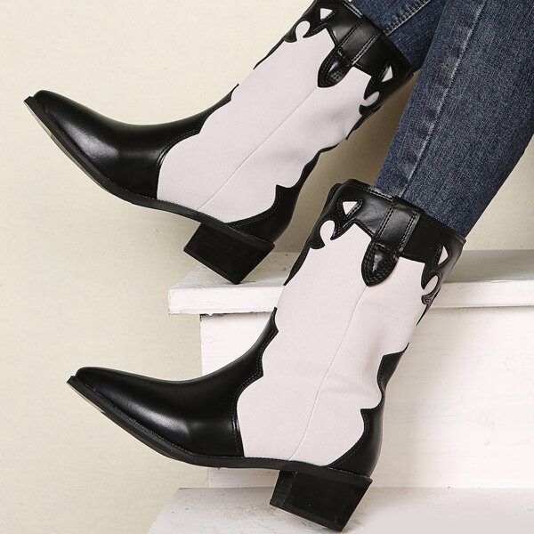 

Two Tone Graphic Chunky Heeled Western Boots, Black and white