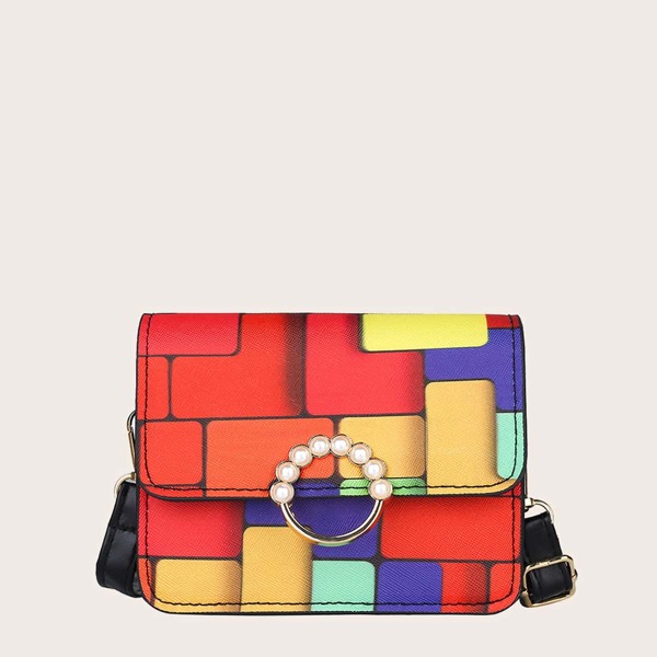 

Faux Pearl Decor Colorblock Graphic Flap Square Bag, Multicolor