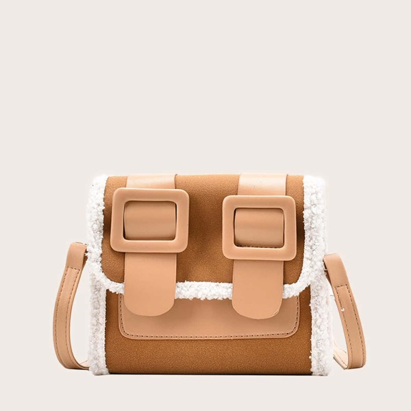 

Minimalist Buckle Decor Faux Fur Trim Crossbody Bag, Brown