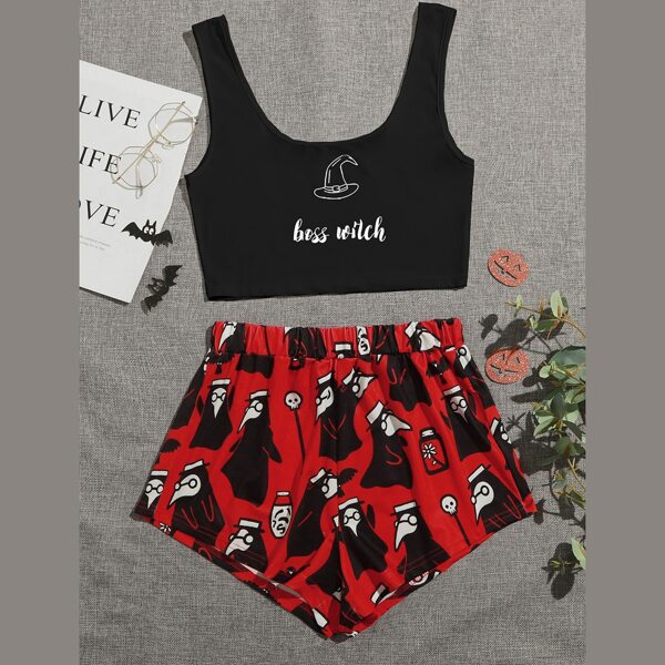 

Halloween And Letter Graphic Pajama Set, Multicolor