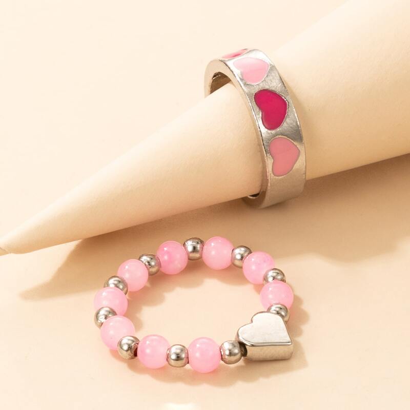 

2pcs Heart Decor Ring, Pink