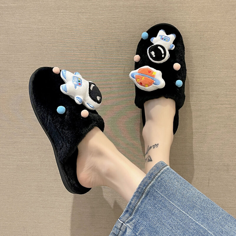 

Astronaut Decor Fluffy Slippers, Black