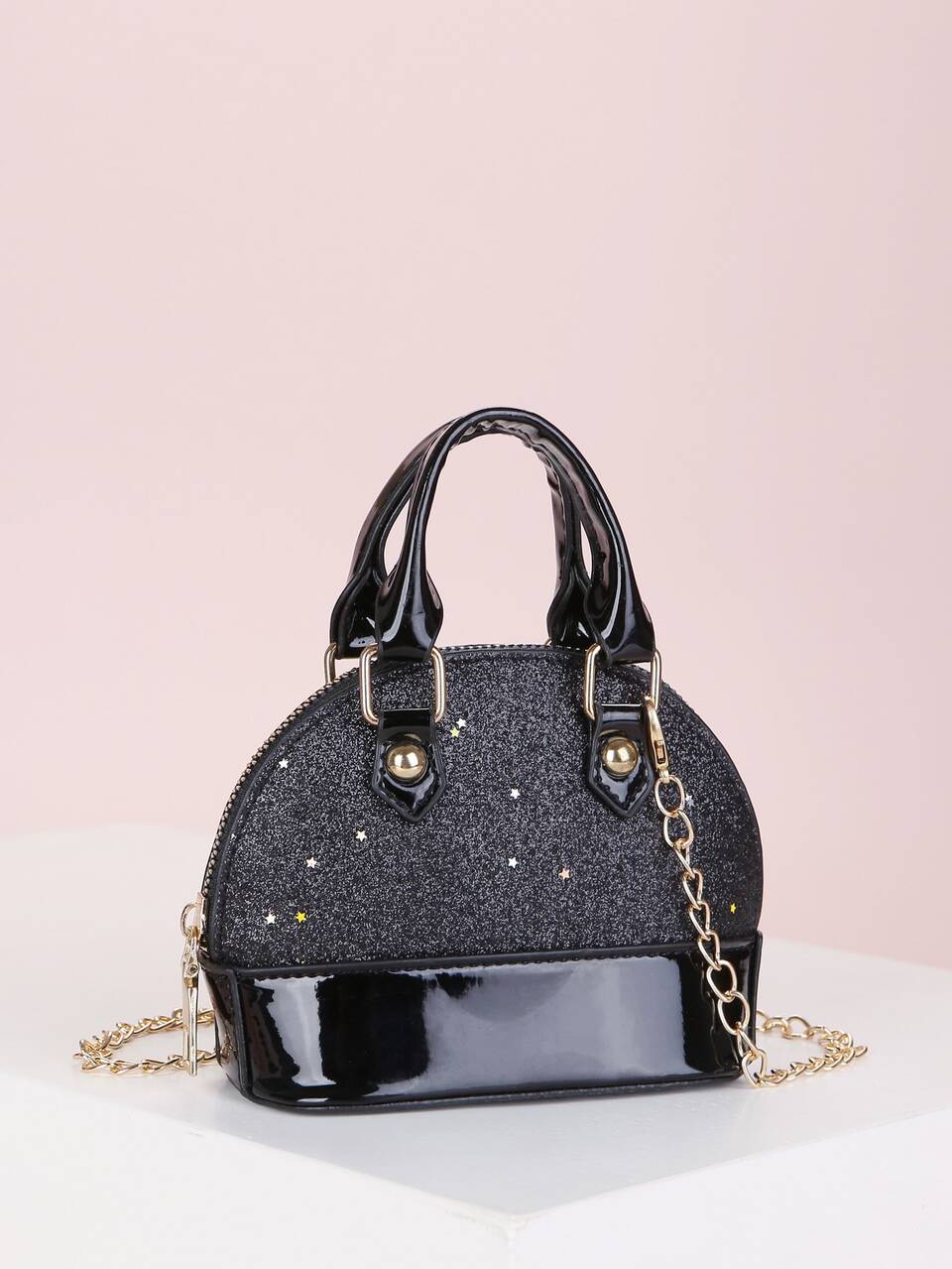 Girls Two Tone Glitter Metallic Detail Chain Satchel Bag