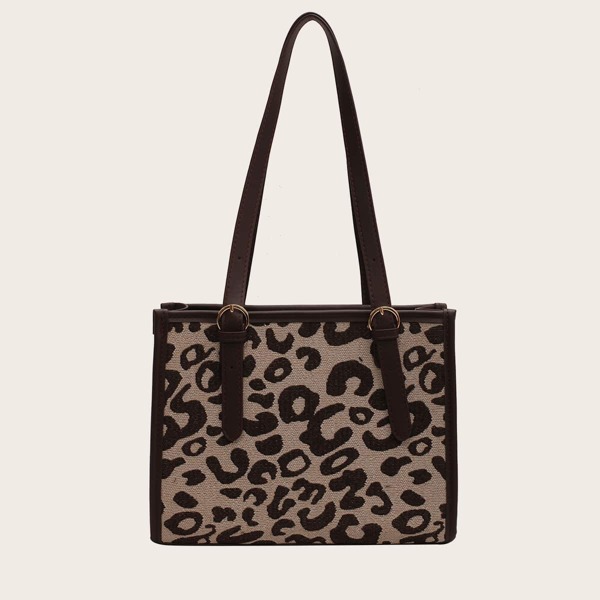 

Contrast Binding Leopard Pattern Tote Bag, Coffee brown