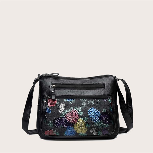 

Large Floral Pattern Crossbody Bag, Black