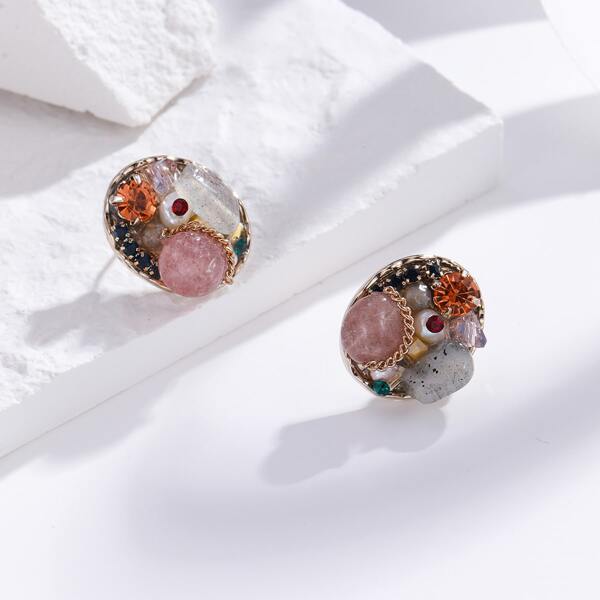 

14K Gold Plated Zircon Decor Stud Earrings, Dusty pink
