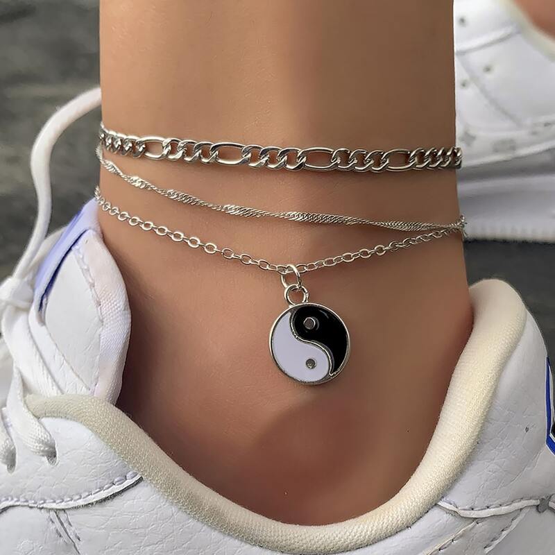 

3pcs Yin & Yang Decor Chain Anklet, Silver