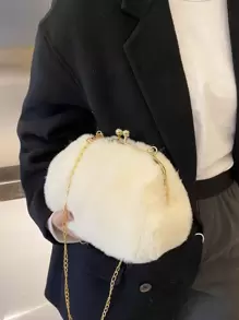 Minimalist Kiss Lock Fluffy Crossbody Bag - Beige - View 1