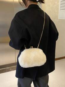 Minimalist Kiss Lock Fluffy Crossbody Bag - Beige - View 2