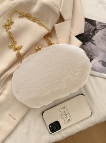 Minimalist Kiss Lock Fluffy Crossbody Bag - Beige - View 4