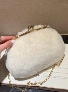 Minimalist Kiss Lock Fluffy Crossbody Bag - Beige - View 6