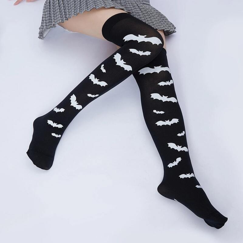 

Bat Print Over The Knee Socks, Black