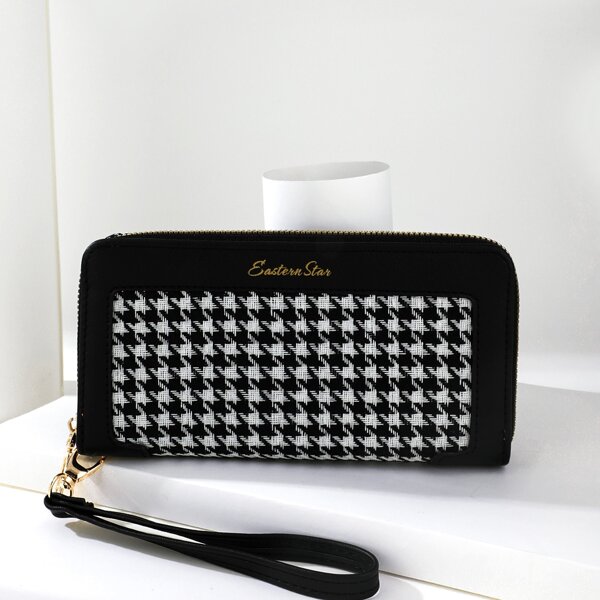 

Letter Graphic Houndstooth Long Wallet, Black and white
