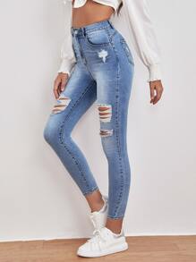 SHEIN Essnce High Waisted Ripped Skinny Jeans - Medium Wash - View 1