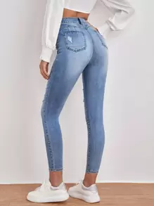 SHEIN Essnce High Waisted Ripped Skinny Jeans - Medium Wash - View 2
