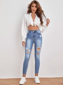 SHEIN Essnce High Waisted Ripped Skinny Jeans - Medium Wash - View 3