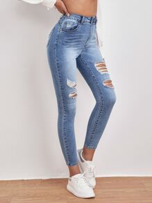 SHEIN Essnce High Waisted Ripped Skinny Jeans - Medium Wash - View 4