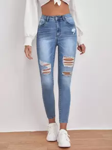 SHEIN Essnce High Waisted Ripped Skinny Jeans - Medium Wash - View 5