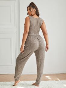 Plus Solid Button Front Rib Knit PJ Set - Khaki - View 2