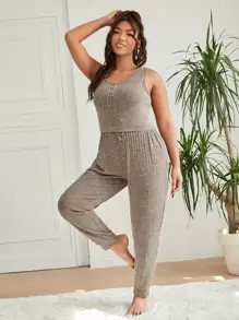 Plus Solid Button Front Rib Knit PJ Set - Khaki - View 4