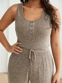 Plus Solid Button Front Rib Knit PJ Set - Khaki - View 5