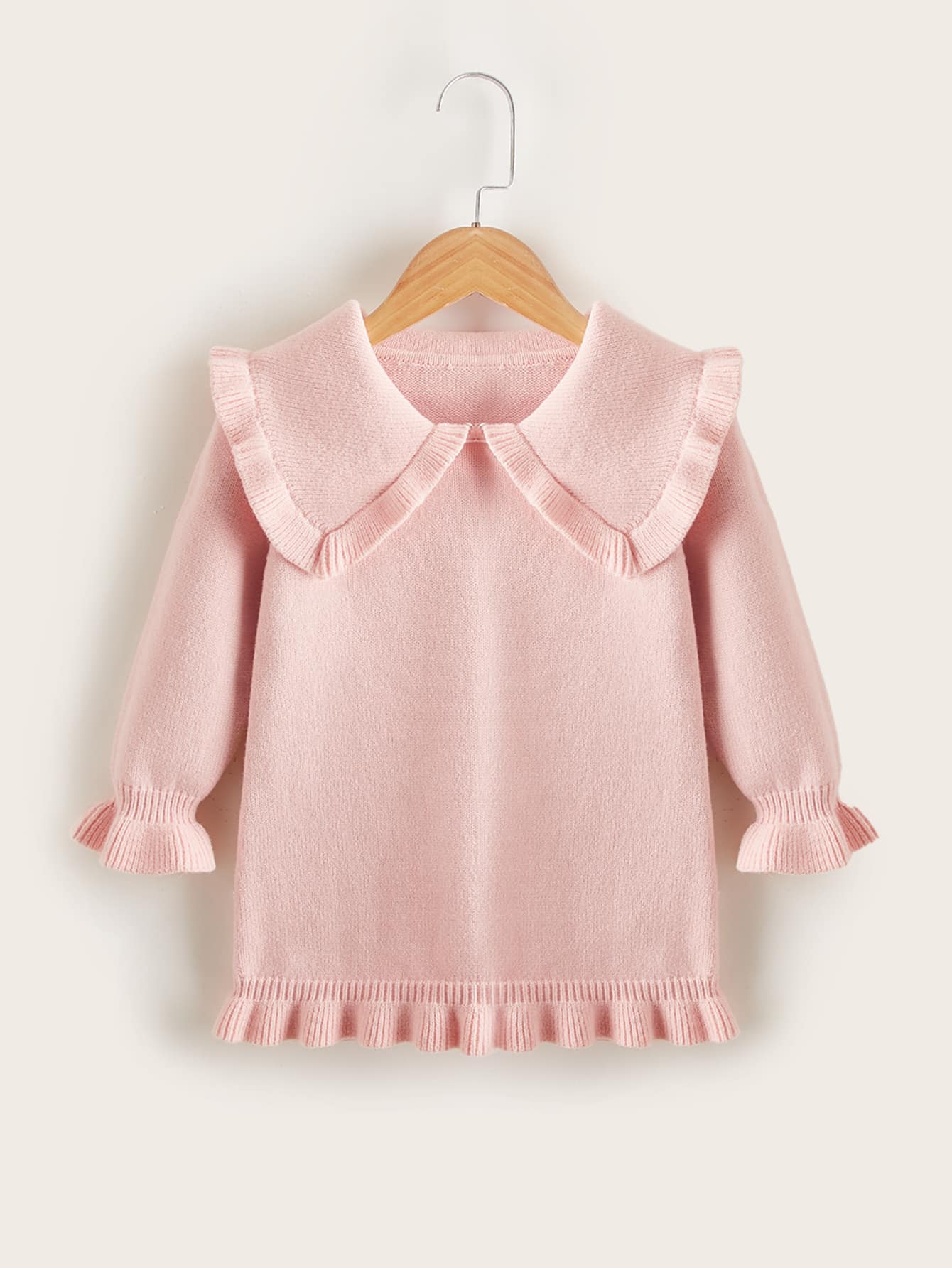 小女童誇大領口荷葉袖毛衣裙 - 淺粉色 - 查看 1