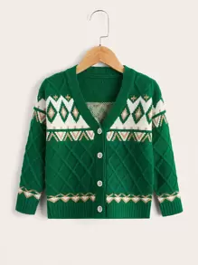 Toddler Girls Geo Pattern Argyle Knit Cardigan - Green - View 1