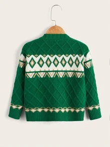 Toddler Girls Geo Pattern Argyle Knit Cardigan - Green - View 2