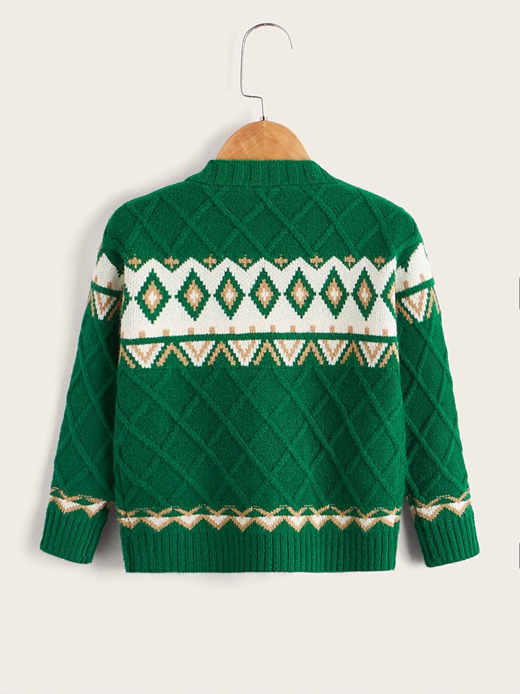 Toddler Girls Geo Pattern Argyle Knit Cardigan - Green - View 2