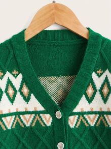 Toddler Girls Geo Pattern Argyle Knit Cardigan - Green - View 3