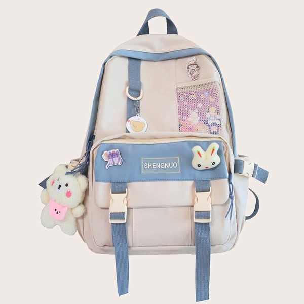 

Colorblock Release Buckle Decor Backpack With Cartoon Bag Charm, Blue and white