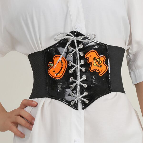 

Pumpkin Embroidered Corset Belt, Black