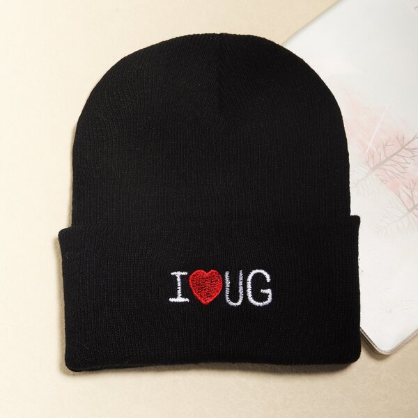 

Letter Embroidered Knitted Hat, Black