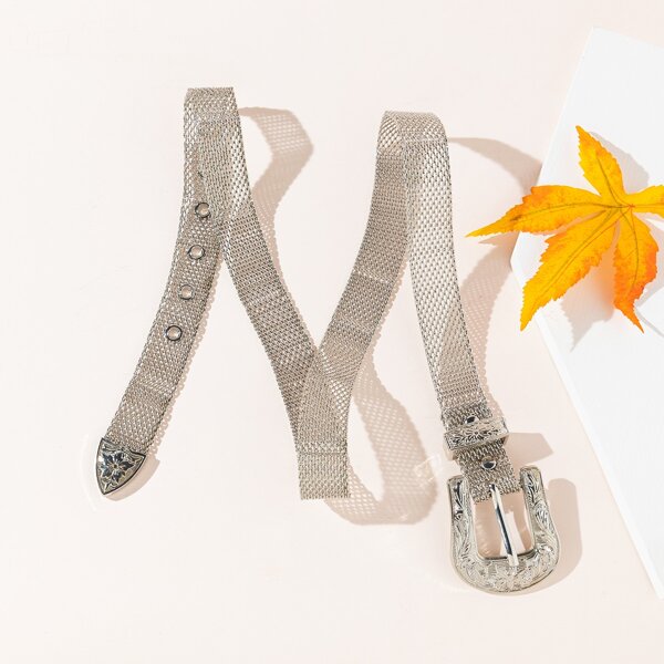 

Textured Buckle Metal Belt, Silver