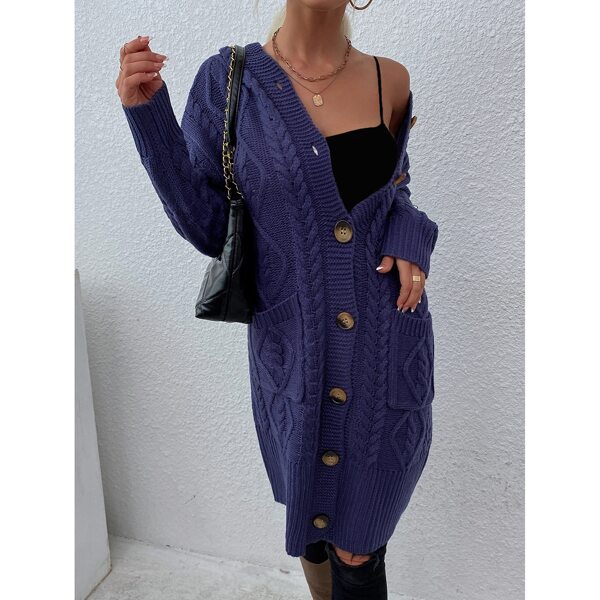 

Drop Shoulder Pocket Front Hooded Cable Knit Cardigan, Royal blue