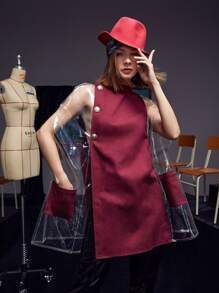 Brydie Rae Farrell Pocket Front Button Detail Sheer Panel Mixed Media Cape Coat - Burgundy - View 3