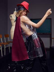 Brydie Rae Farrell Pocket Front Button Detail Sheer Panel Mixed Media Cape Coat - Burgundy - View 2