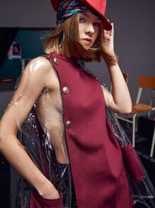 Brydie Rae Farrell Pocket Front Button Detail Sheer Panel Mixed Media Cape Coat - Burgundy - View 5