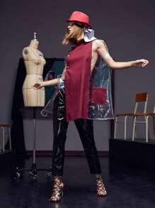 Brydie Rae Farrell Pocket Front Button Detail Sheer Panel Mixed Media Cape Coat - Burgundy - View 4