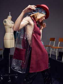 Brydie Rae Farrell Pocket Front Button Detail Sheer Panel Mixed Media Cape Coat - Burgundy - View 6
