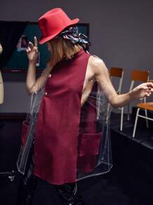 Brydie Rae Farrell Pocket Front Button Detail Sheer Panel Mixed Media Cape Coat - Burgundy - View 1