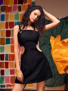 NICOLE CANDELORO 腰部鏤空燈芯絨吊帶洋裝