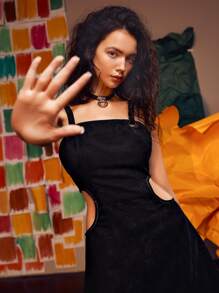 NICOLE CANDELORO 腰部鏤空燈芯絨吊帶洋裝