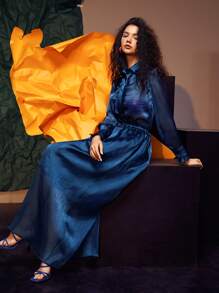 Hanchi 紙袋腰素色半身裙 - 藏蓝色 - 查看 4