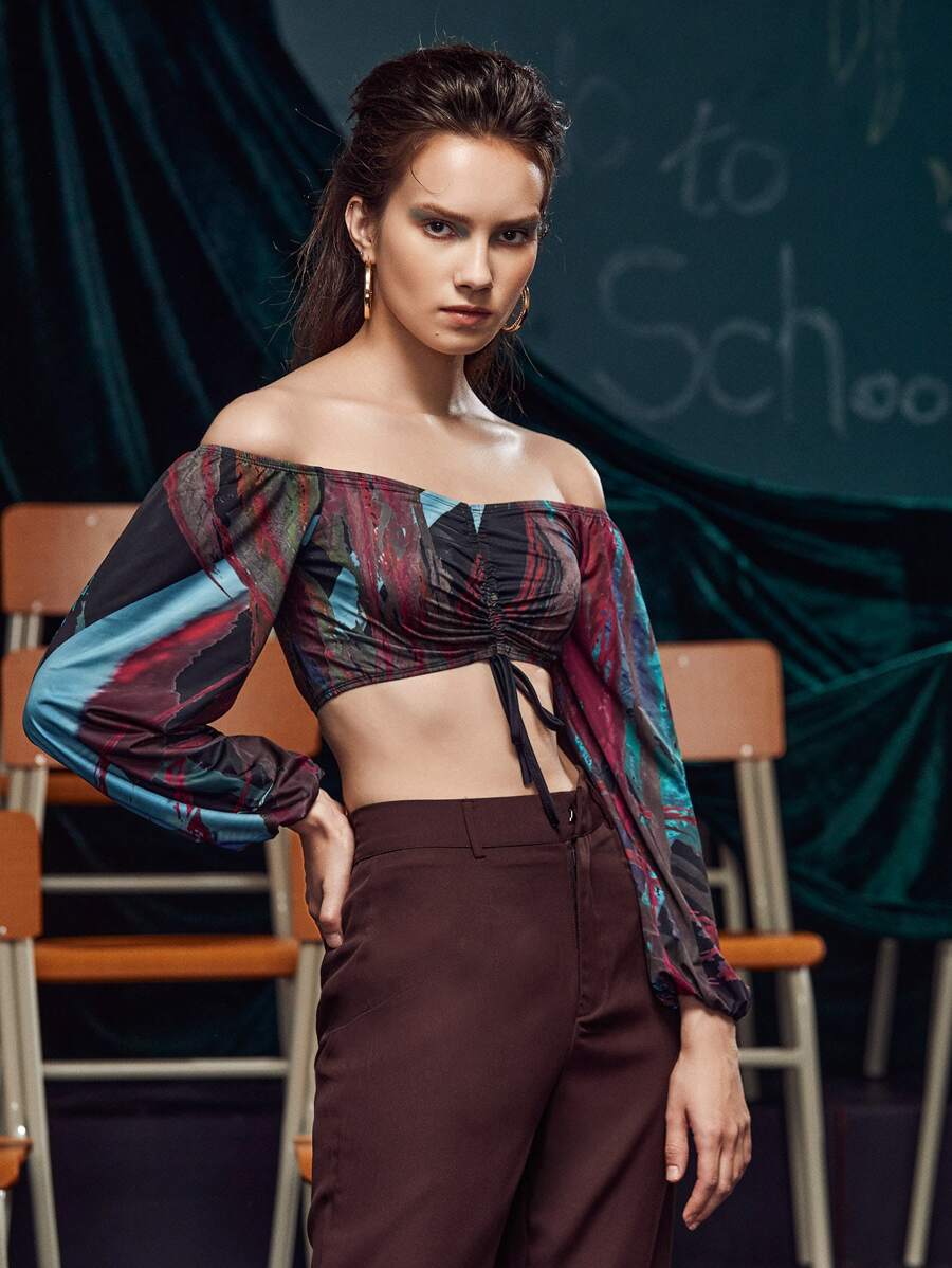 RAGLESS Top corto con estampado de dibujo de hombros descubiertos con cordón - Multicolor - Ver 1