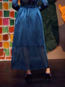 Hanchi 紙袋腰素色半身裙 - 藏蓝色 - 查看 2